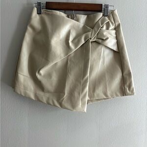 Pink Lily Khaki Faux Leather Bow Wrap Mini Skort